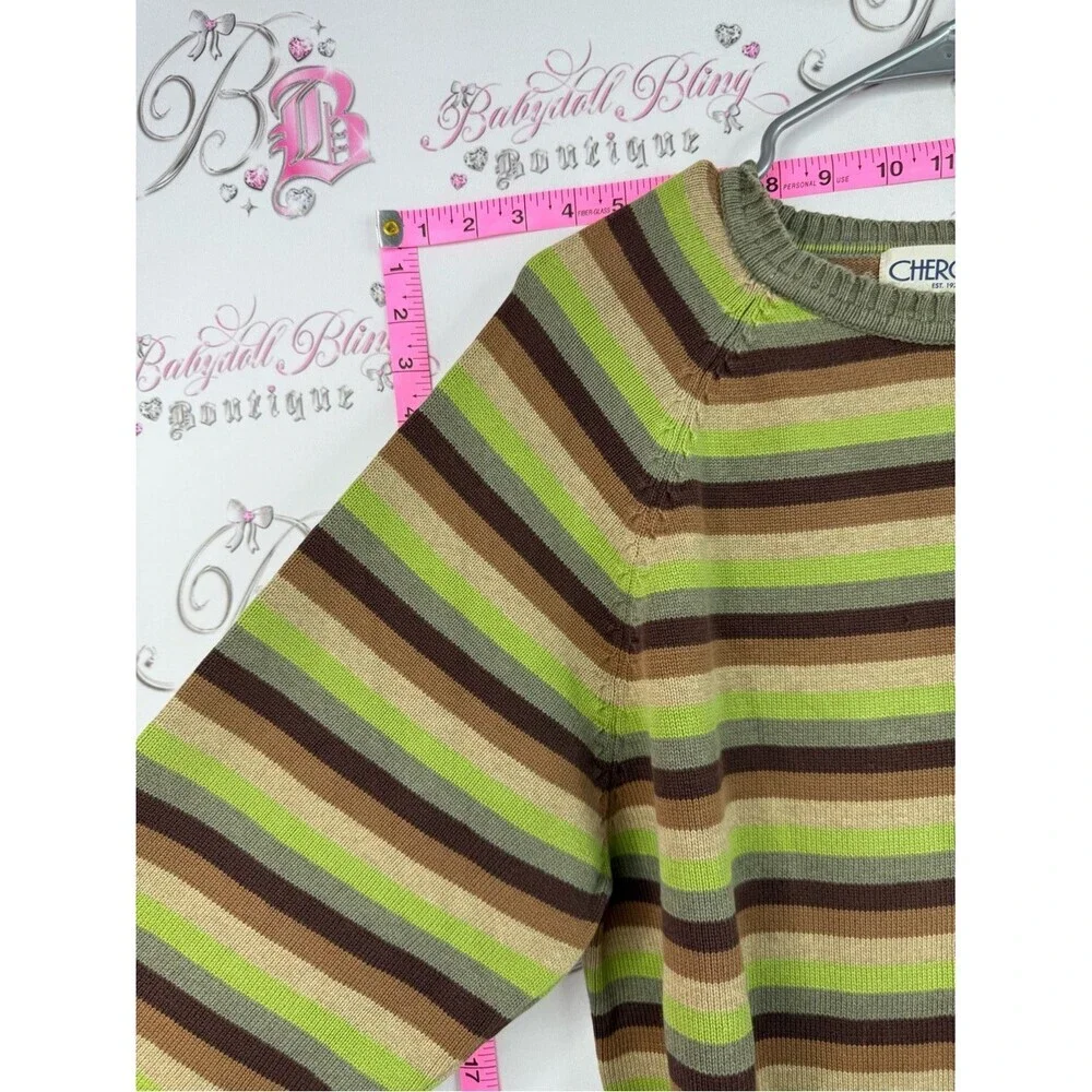Cherokee sweater vintage y2k Striped Crewneck Sweater in Green, Brown, Tan